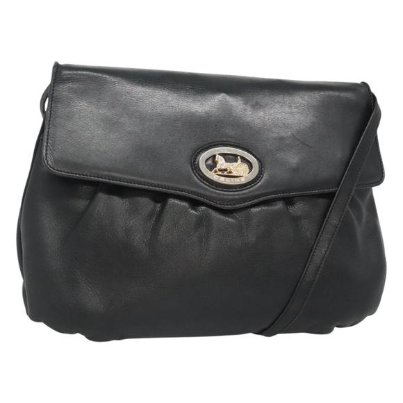 CELINE Shoulder Bag Leather Black Gold Auth hk2624